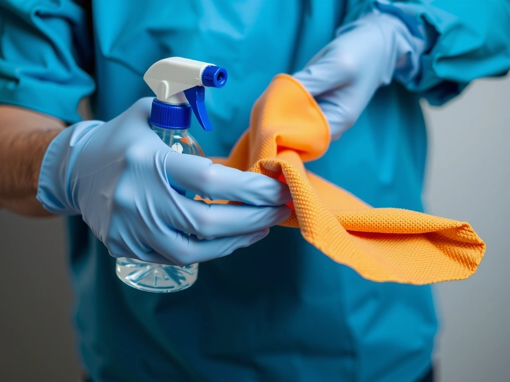 Manos con guantes manipulando equipo de limpieza